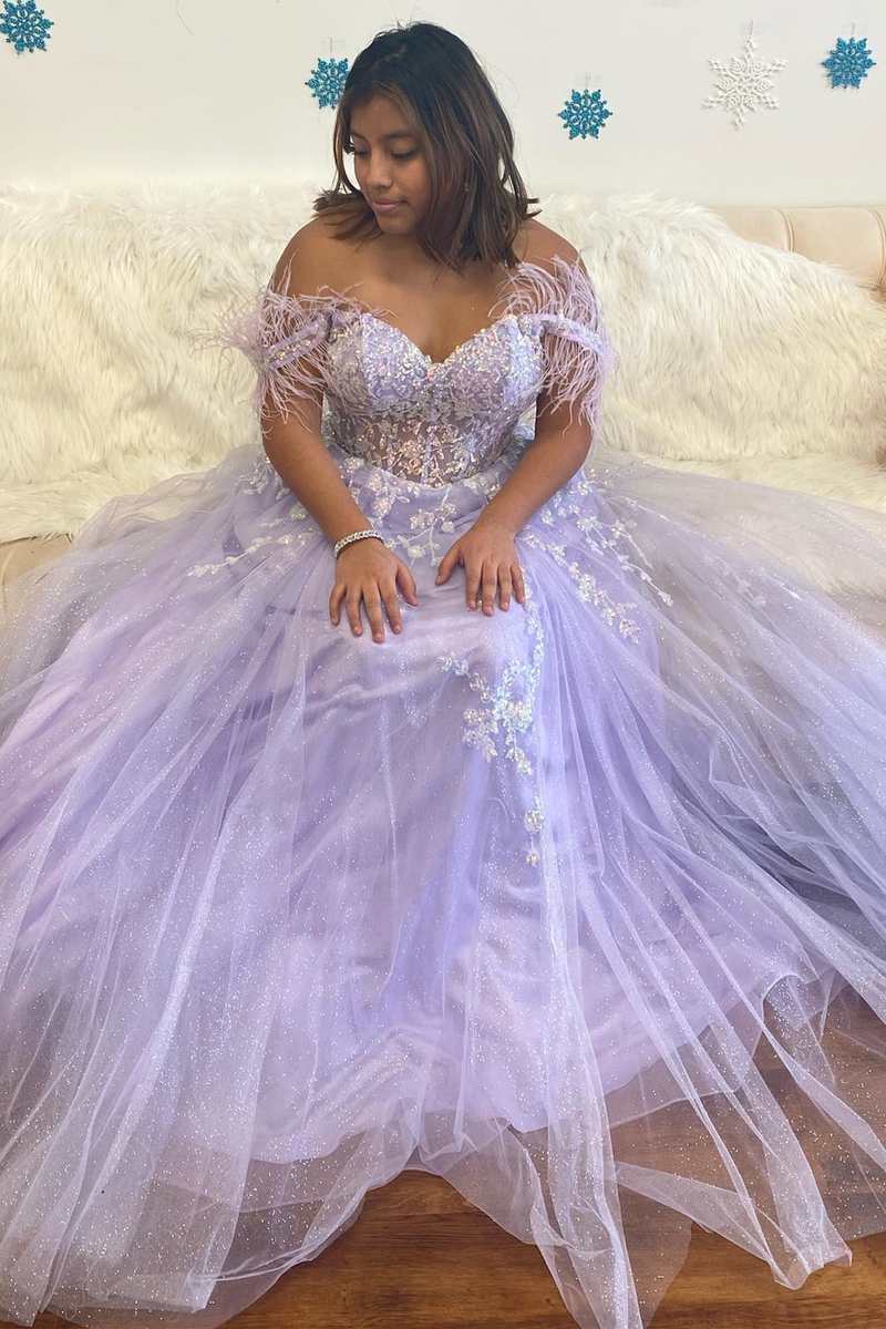 A-line Lavender Floral Lace Feathers Off-the-shoulder Prom Dress Lace – SELINADRESS A-line Lavender Floral Lace Feathers Off-the-shoulder Prom Dress Lace – SELINADRESS
