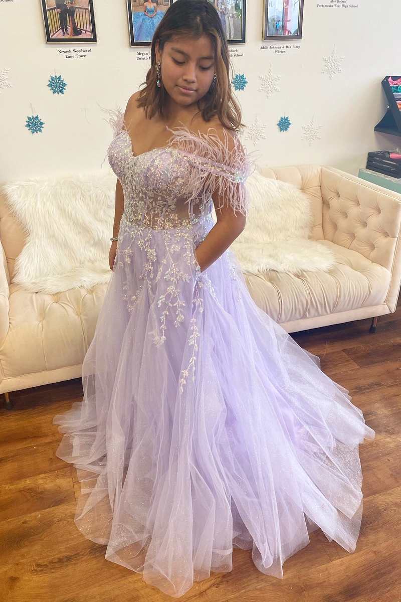 A-line Lavender Floral Lace Feathers Off-the-shoulder Prom Dress Lace SELINADRESS A-line Lavender Floral Lace Feathers Off-the-shoulder Prom Dress Lace SELINADRESS