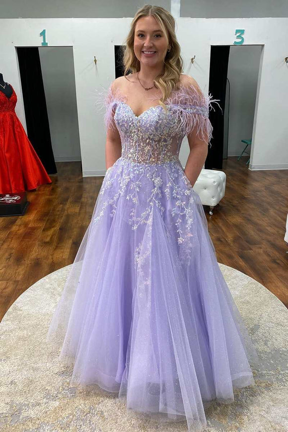 A-line Lavender Floral Lace Feathers Off-the-shoulder Prom Dress Lace up Formal Dress#QWE002|Selinadress