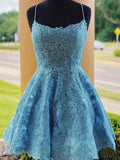 A-Line Light Blue Lace Cute Homecoming Dress Short Prom Dress #MHL083|Selinadress