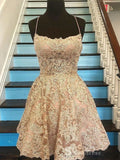 A-Line Light Blue Lace Cute Homecoming Dress Short Prom Dress #MHL083