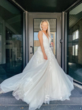 A-line Light Champagne Deep V neck Wedding Dress Applique Formal Dress cbd498|Selinadress