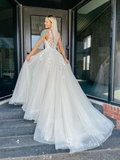 A-line Light Champagne Deep V neck Wedding Dress Applique Formal Dress cbd498|Selinadress
