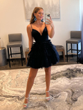 A-line Little Black Homecoming Dresses Spaghetti Straps Mini Cocktail Dresses Pageant Dresses #TKL045|Selinadress
