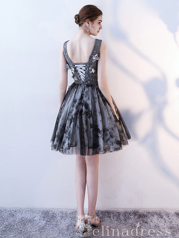 A-line Little Black V neck Charming Short Ptom Dress Homecoming Dresses MHL037 SELINADRESS A-line Little Black V neck Charming Short Ptom Dress Homecoming Dresses MHL037 SELINADRESS