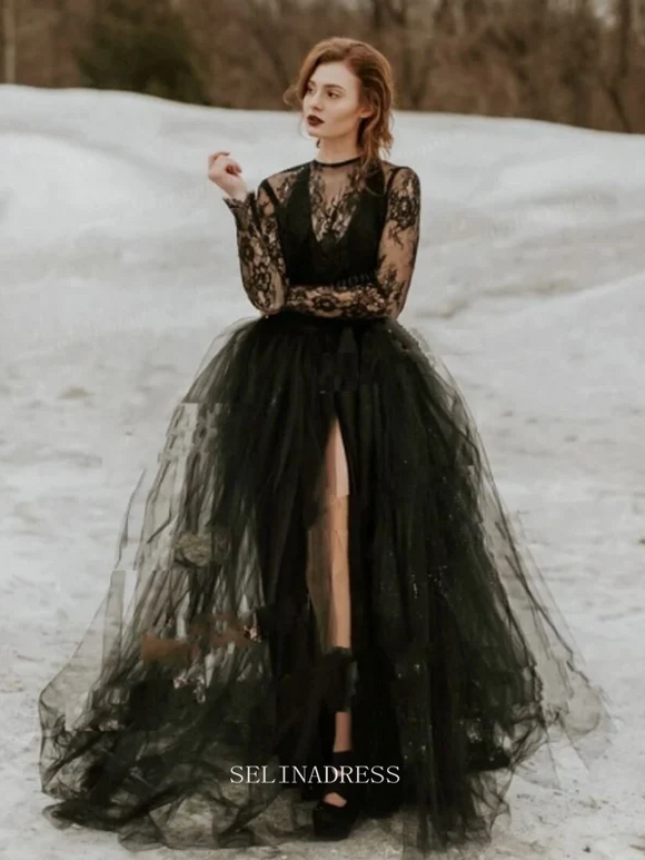 A-line Long Sleeve Black Wedding Dress Gothic Lace Wedding Dress Boho Dress Tulle Bridal Gown Side Slit Black Wedding Gown GRSD003