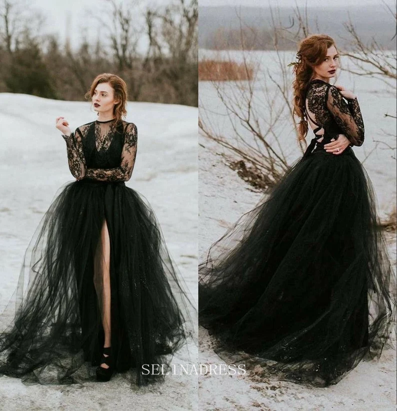 A-line Long Sleeve Black Wedding Dress Gothic Lace Wedding Dress Boho Dress Tulle Bridal Gown Side Slit Black Wedding Gown GRSD003 A-line Long Sleeve Black Wedding Dress Gothic Lace Wedding Dress Boho Dress Tulle Bridal Gown Side Slit Black Wedding Gown GRSD003