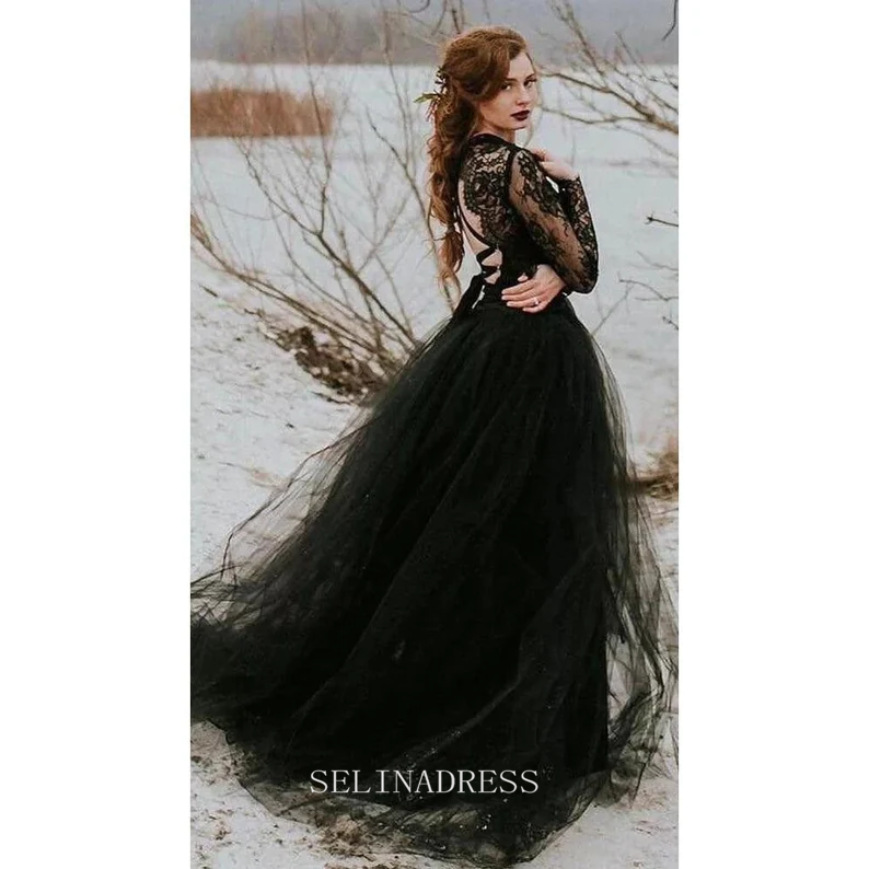 A-line Long Sleeve Black Wedding Dress Gothic Lace Wedding Dress Boho SELINADRESS A-line Long Sleeve Black Wedding Dress Gothic Lace Wedding Dress Boho SELINADRESS