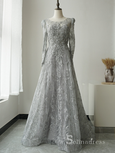 A-line Long Sleeve Gray Luxury Embroidery Long Prom Dress Beaded Evening Gowns ASB018|Selinadress