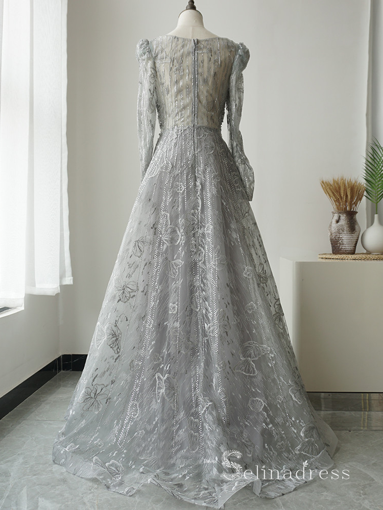 A-line Long Sleeve Gray Luxury Embroidery Long Prom Dress Beaded Eveni SELINADRESS A-line Long Sleeve Gray Luxury Embroidery Long Prom Dress Beaded Eveni SELINADRESS