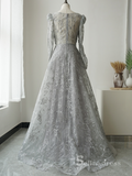 A-line Long Sleeve Gray Luxury Embroidery Long Prom Dress Beaded Evening Gowns ASB018|Selinadress