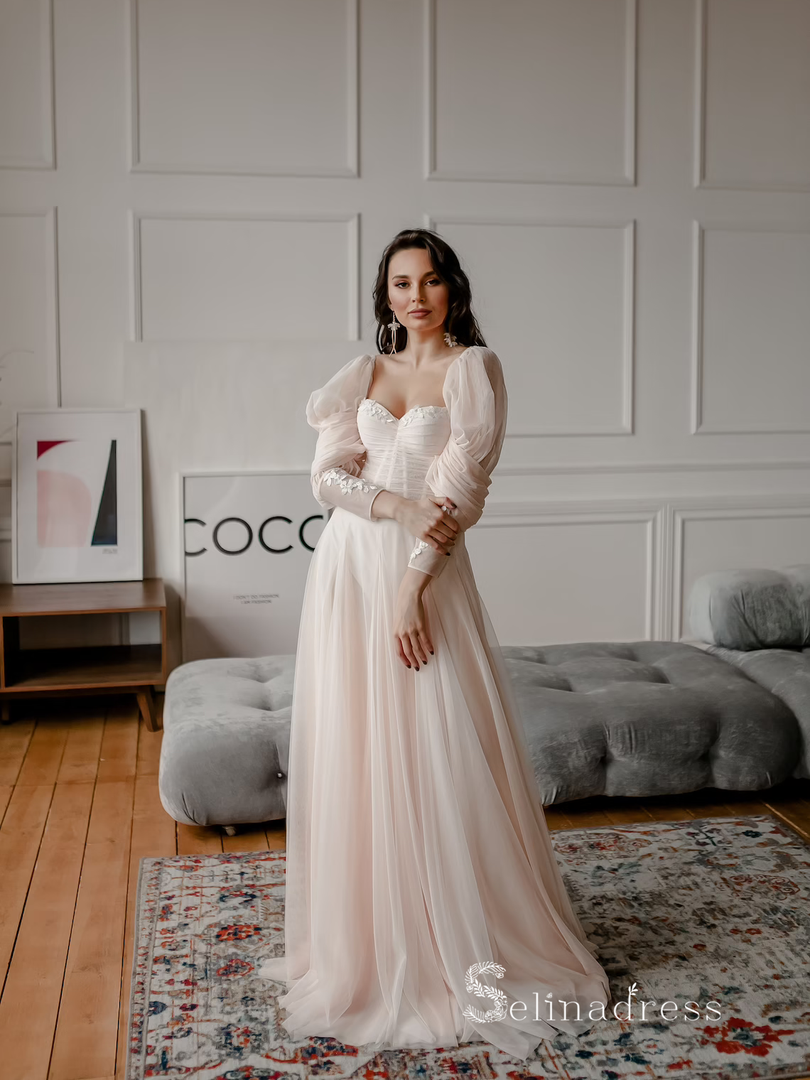 A-line Long Sleeve Rustic Lace Wedding Dresses Champagne Bridal Gowns SELINADRESS A-line Long Sleeve Rustic Lace Wedding Dresses Champagne Bridal Gowns SELINADRESS
