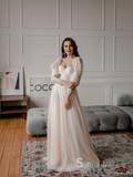 A-line Long Sleeve Rustic Lace Wedding Dresses Champagne Bridal Gowns MHL2821|Selinadress