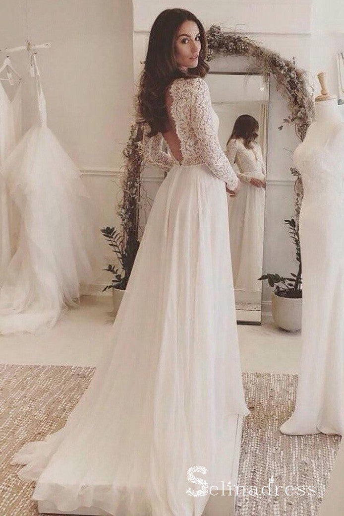A-line Long Sleeve Wedding Dresses V-neck Elegant Lace Bridal Gown SEW028 A-line Long Sleeve Wedding Dresses V-neck Elegant Lace Bridal Gown SEW028