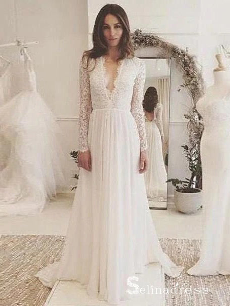 A-line Long Sleeve Wedding Dresses V-neck Elegant Lace Bridal Gown SEW028