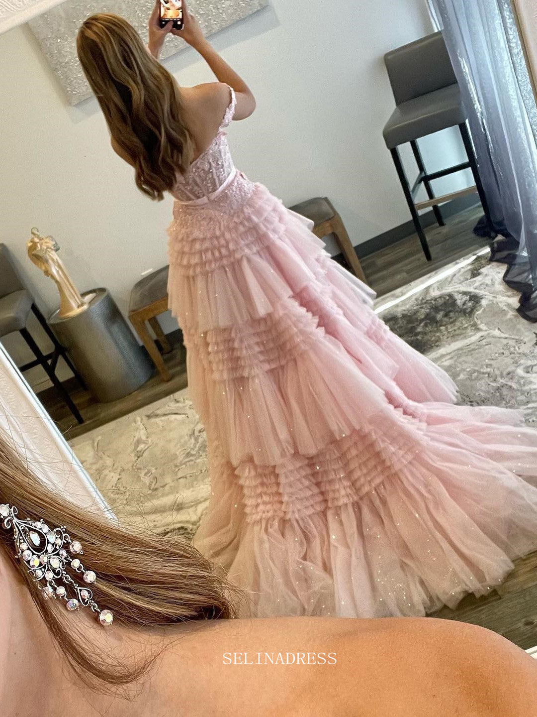 A-line Off Shoulder Pink Long Prom Dress Lace Layered Long Formal Dres SELINADRESS A-line Off Shoulder Pink Long Prom Dress Lace Layered Long Formal Dres SELINADRESS
