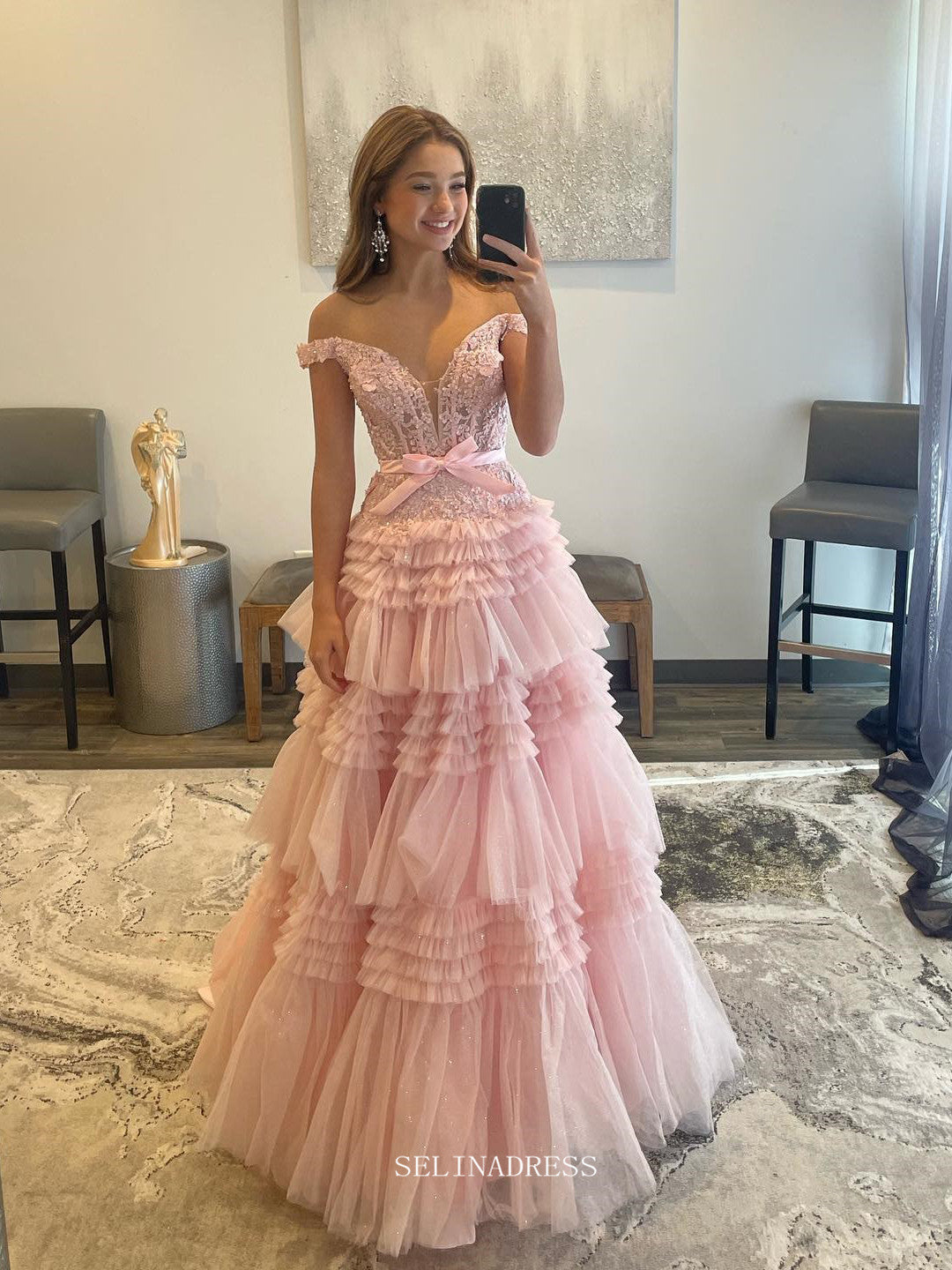 A-line Off Shoulder Pink Long Prom Dress Lace Layered Long Formal Dresses KPY068 A-line Off Shoulder Pink Long Prom Dress Lace Layered Long Formal Dresses KPY068