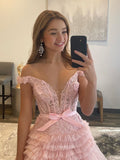 A-line Off Shoulder Pink Long Prom Dress Lace Layered Long Formal Dresses KPY068|Selinadress