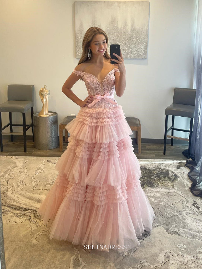 layered prom dress A-line Off Shoulder Pink Long Prom Dress Lace Layered Long Formal Dres – SELINADRESS