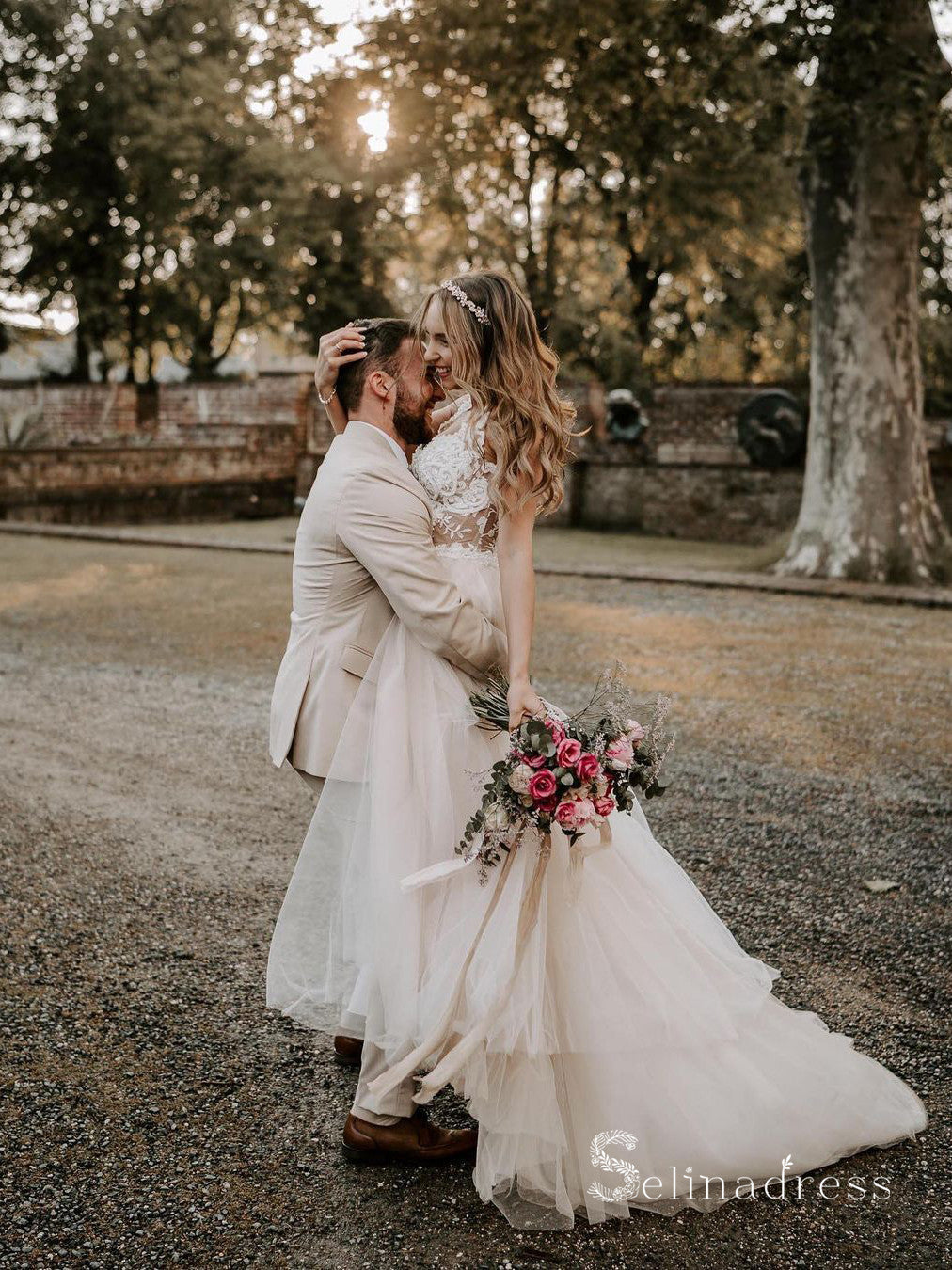 boho woodland wedding dress Stunning Off-the-Shoulder Rustic Boho Wedding Gown 2026 Romantic Beach Country Lace 3D Floral Backless