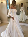 A-line Off-the-shoulder 3/4 Sleeve Bow Satin Wedding Dress Cheap Bridal Gowns # SDL009