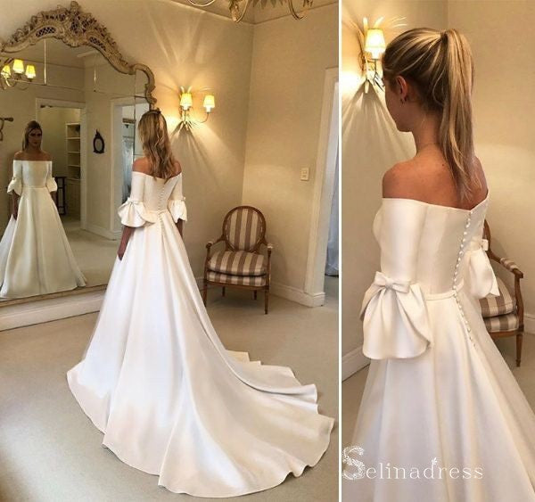 A-line Off-the-shoulder 3/4 Sleeve Bow Satin Wedding Dress Cheap Brida SELINADRESS A-line Off-the-shoulder 3/4 Sleeve Bow Satin Wedding Dress Cheap Brida SELINADRESS