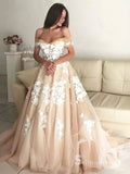 A-line Off-the-shoulder 3D Lace Rustic Wedding Dresses Champagne Bridal Gowns MHL2832|Selinadress