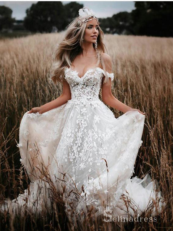 A-line Off-the-shoulder 3D Lace Wedding Dresses Rustic Wedding Gowns M – SELINADRESS