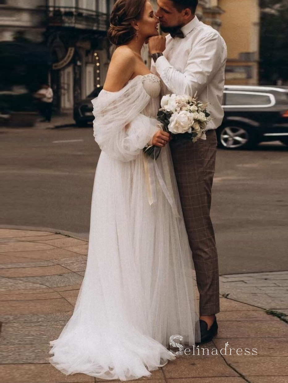 A-line Off-the-shoulder Beaded Rustic Wedding Dresses Ivory Bridal Gow SELINADRESS A-line Off-the-shoulder Beaded Rustic Wedding Dresses Ivory Bridal Gow SELINADRESS