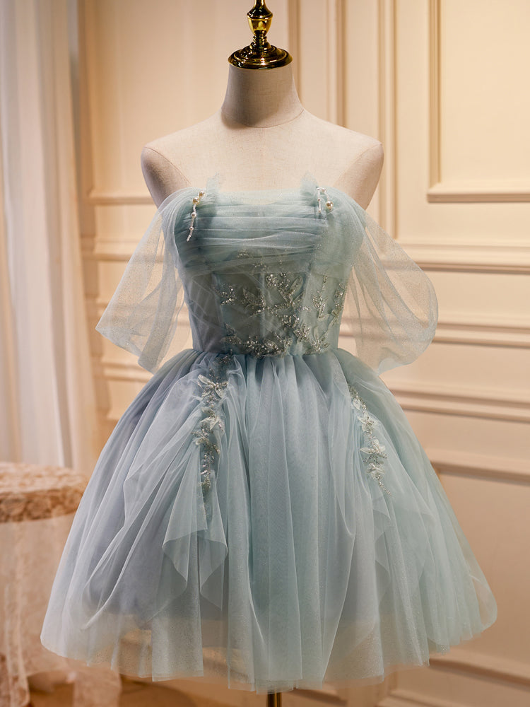 jeweled short prom dresses A-Line Beaded Short Prom Dress, Cute Short Sleeve Homecoming Party Dre