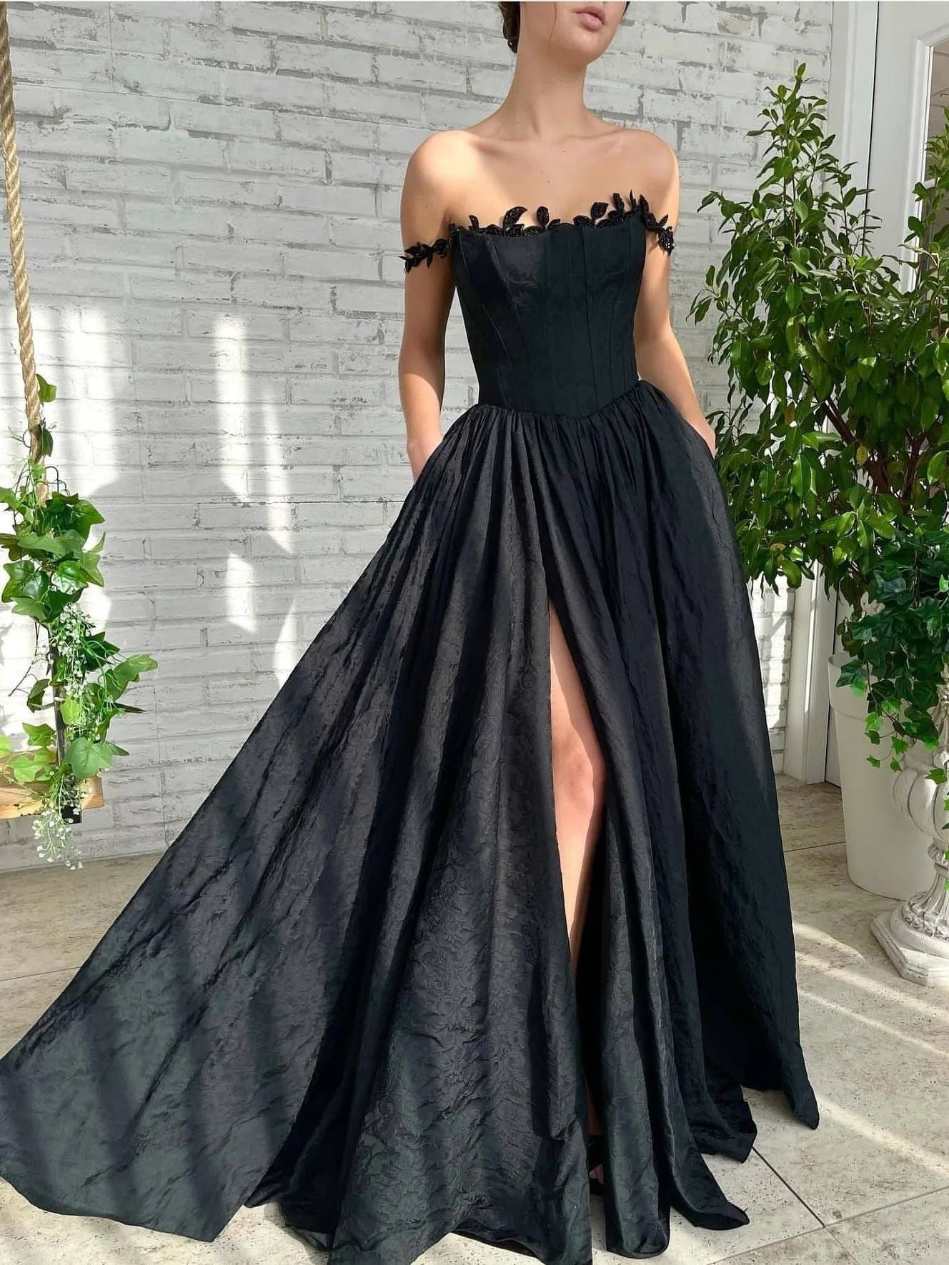 2024 New Elegantly Black Off Shoulder A-line Prom Dresses Luxury Brilliant  Diamond Long Sleeves Floor Length Vestidos De Noche | Beyondshoping | Free  Worldwide Shipping, No Minimum!