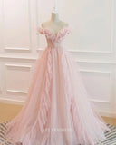 A-line Off-the-shoulder Blush Pink Long Prom Dress Ruffled Formal Dresses Evening Dress KPY064|Selinadress
