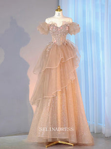 A-line Off-the-shoulder Champagne Long Prom Dress Sequins Floral Long Evening Dress OSTY014|Selinadress
