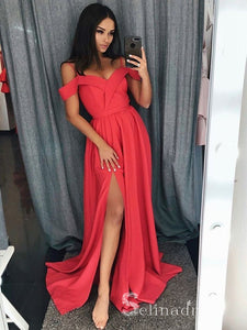 A-line Off-the-shoulder Cheap Long Prom Dress Watermelon Evening Dress CBD270|Selinadress