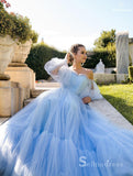 A-line Off-the-shoulder Cheap Long Prom Dresses Sky Blue Evening Gowns MHL2827|Selinadress