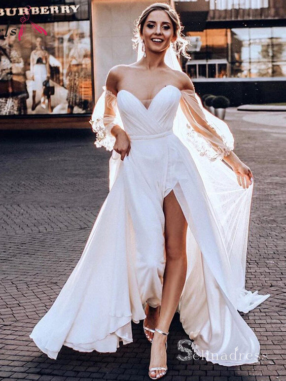 A-line Off-the-shoulder Chiffon Thigh Split White Wedding Dresses Cheap Wedding Gowns MHL189|Selinadress