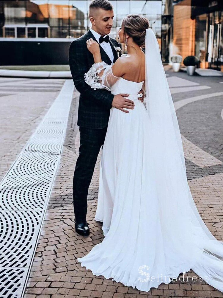 A-line Off-the-shoulder Chiffon Thigh Split White Wedding Dresses Chea SELINADRESS A-line Off-the-shoulder Chiffon Thigh Split White Wedding Dresses Chea SELINADRESS