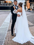 A-line Off-the-shoulder Chiffon Thigh Split White Wedding Dresses Cheap Wedding Gowns MHL189|Selinadress