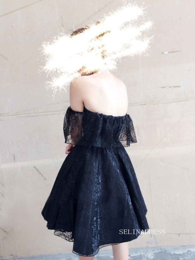 A-line Off-the-shoulder Cute Lace Homecoming Dress BLack Short