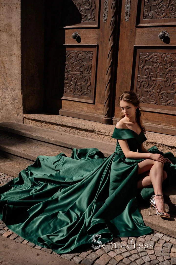 A-line Off-the-shoulder Dark Green Long Prom Dress Cheap Satin Evening Gowns POL015 A-line Off-the-shoulder Dark Green Long Prom Dress Cheap Satin Evening Gowns POL015
