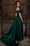 A-line Off-the-shoulder Dark Green Long Prom Dress Cheap Satin Evening Gowns POL015|Selinadress