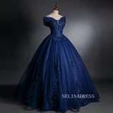 A-line Off-the-shoulder Dark Navy Long Prom Dress Ball Gown Beaded Princess Quinceanera YUU003|Selinadress