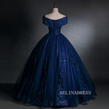 A-line Off-the-shoulder Dark Navy Long Prom Dress Ball Gown Beaded Princess Quinceanera YUU003