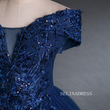 A-line Off-the-shoulder Dark Navy Long Prom Dress Ball Gown Beaded Princess Quinceanera YUU003|Selinadress