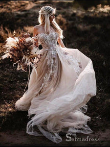 A-line Off-the-shoulder Deep V neck Lace Wedding Dresses Rustic Bridal Gowns MHL140|Selinadress