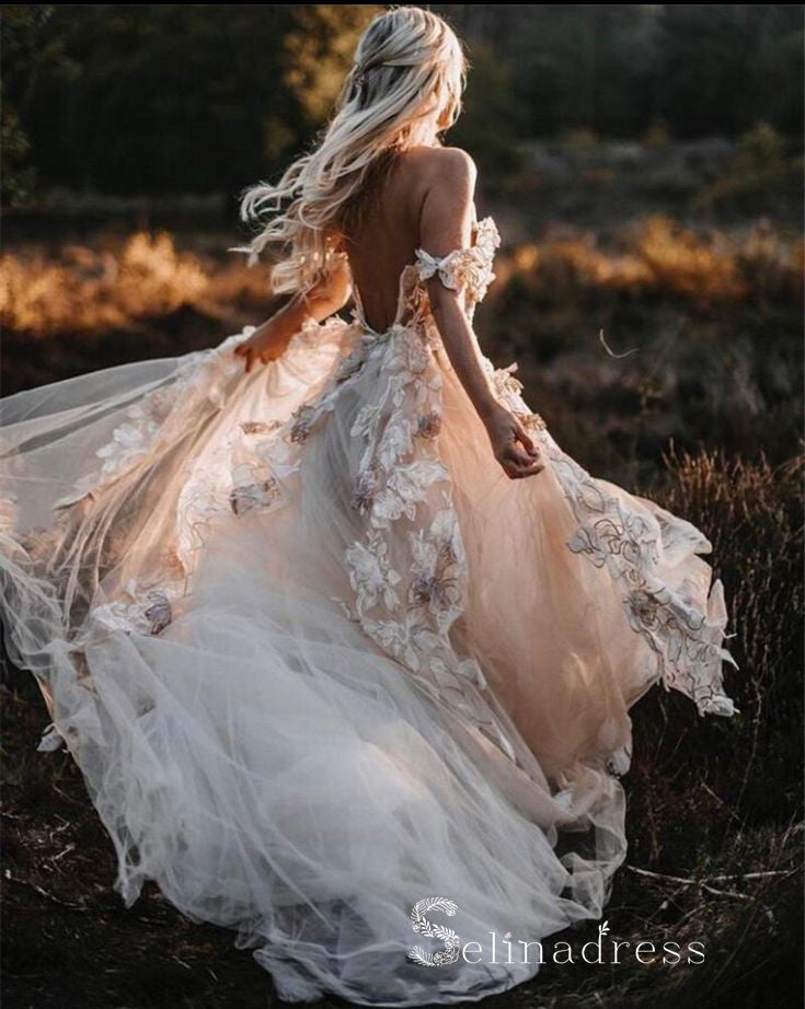 Lace Off Shoulder V-Neck Tassels A-Line Wedding Dress