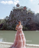 A-line Off-the-shoulder Gorgeous Frill Layered Gown Pink Evening Gowns #JKW010|Selinadress