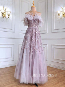 A-line Off-the-shoulder Gray Sparkly Prom Dress luxury  Evening Formal Gown hlks007