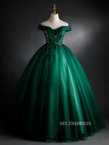 A-line Off-the-shoulder Green Long Prom Dress Ball Gown Tull Princess Quinceanera YUU004|Selinadress