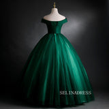 A-line Off-the-shoulder Green Long Prom Dress Ball Gown Tull Princess Quinceanera YUU004|Selinadress